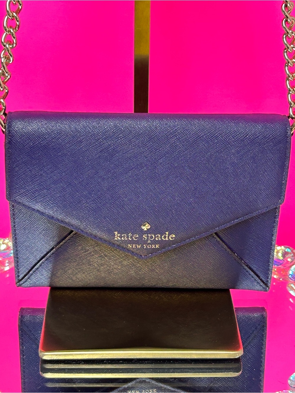kate spade navy saffiano leather envelope crossbody with gold chain Approx. 6.5
